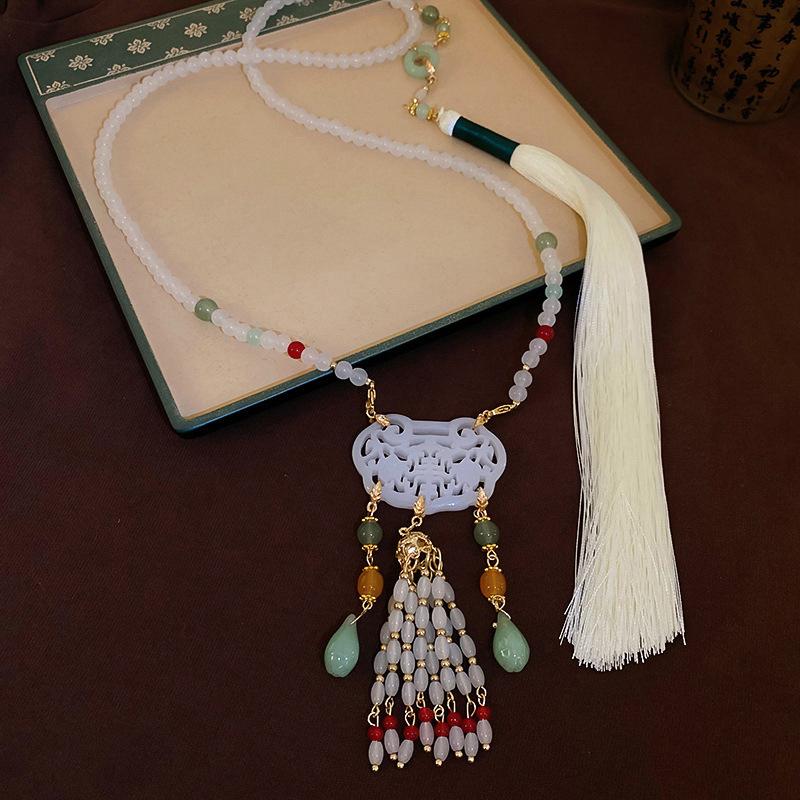 Ethnic Style Hollow Carved Lucky Bag Pendant Green Imitation Jade Handmade Beaded Long Necklace