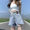 Pantaloncini di Jeans Estivi da Donna Taglie Forti Casual a Vita Alta Sottili A-line Larghi con Strappi a Gamba Larga