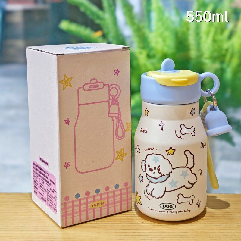 High-value Cartoon Milk Cup, Cute Student Straw Cup, Large Capacity 111 Stainless Steel Children's Thermos Cup