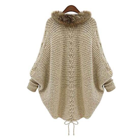 Damen Langarm Strickjacke Offen Vorne Zopfmuster Mantel mit Kunstfellkragen Winter Warm Oberbekleidung