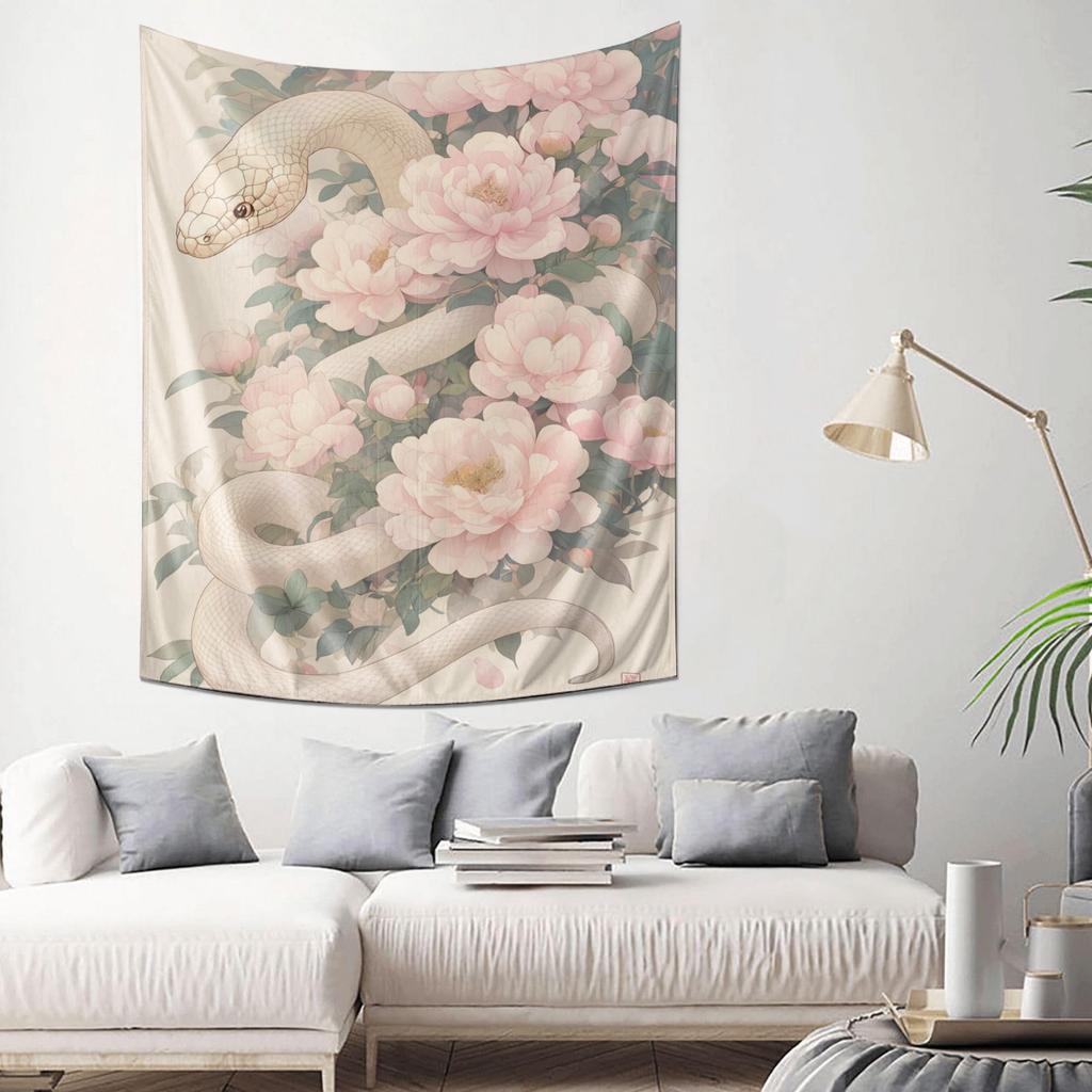 Elegant Snake and Peony Tapestry Beautiful Art Wall Hanging Essential Home Decor