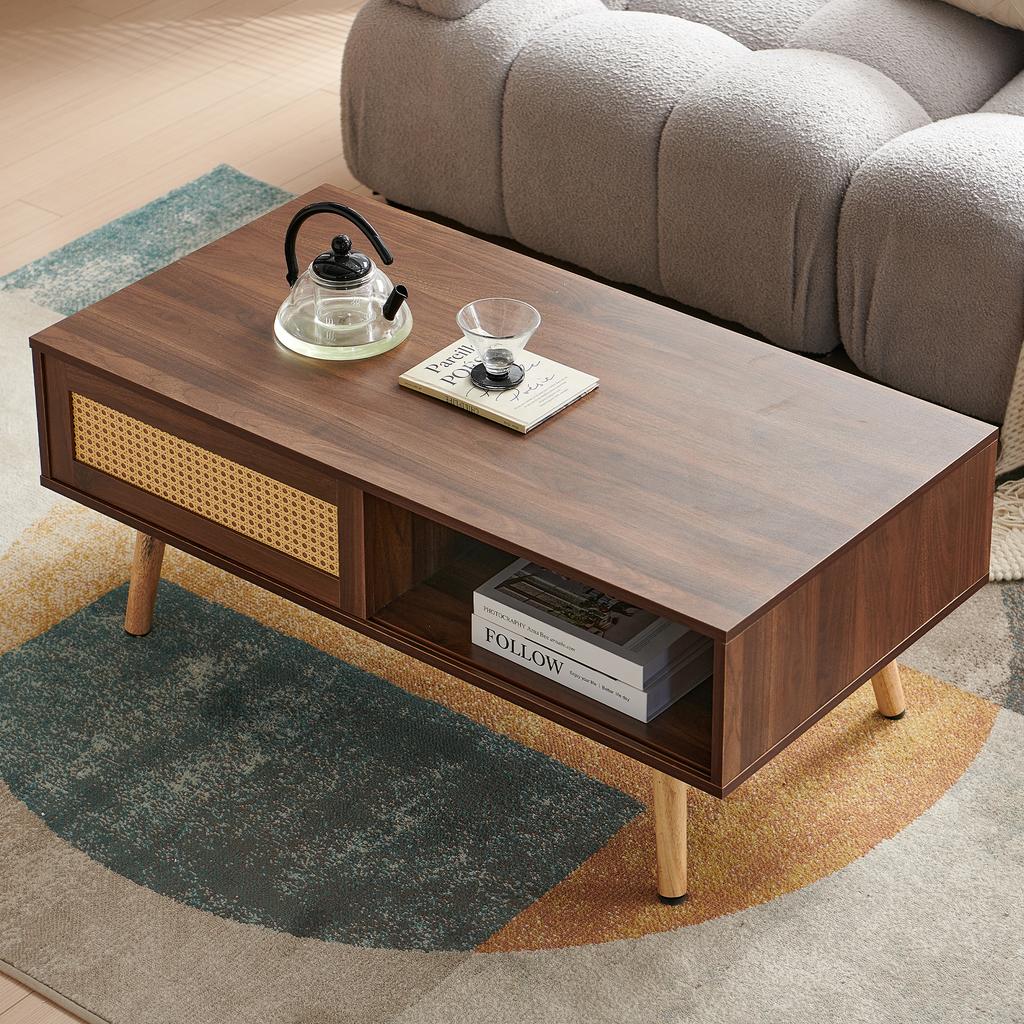 Wicker Coffee Table, Tea Table with Sliding Doors, Solid Wood Legs, Modern Living Room Table, Dark Walnut Wood-H40/W1050/D55 cm