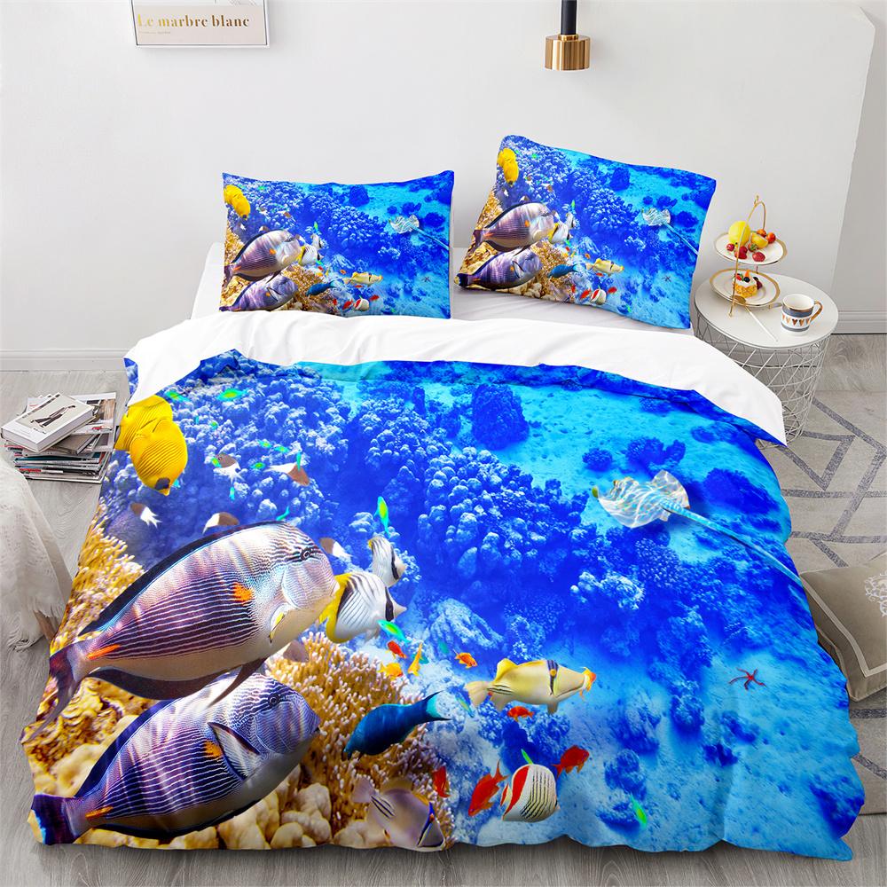 Underwater World Duvet Cover King Queen Blue Ocean Shark Bedding Set For Kids Sea Animal Coral Fish 2/3pcs Polyester Quilt Cover