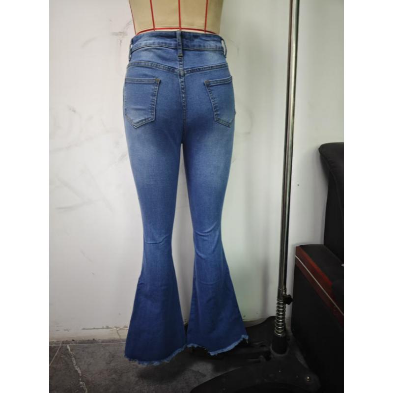 Women Bell Bottom Jeans Elastic Waist Ripped Flared Jean Destroyed Raw Hem Denim Pants