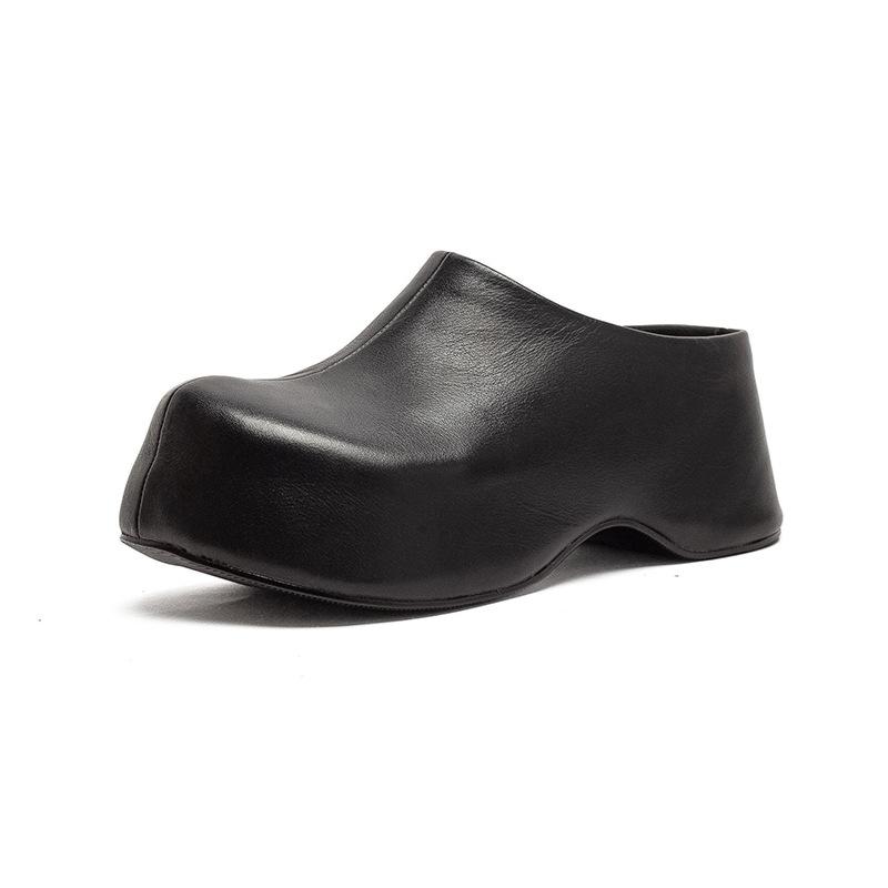 2026 Summer New Classic Retro Mule Sandals Breathable Full Cowhide Thick Sole Height Increasing Women Shoes