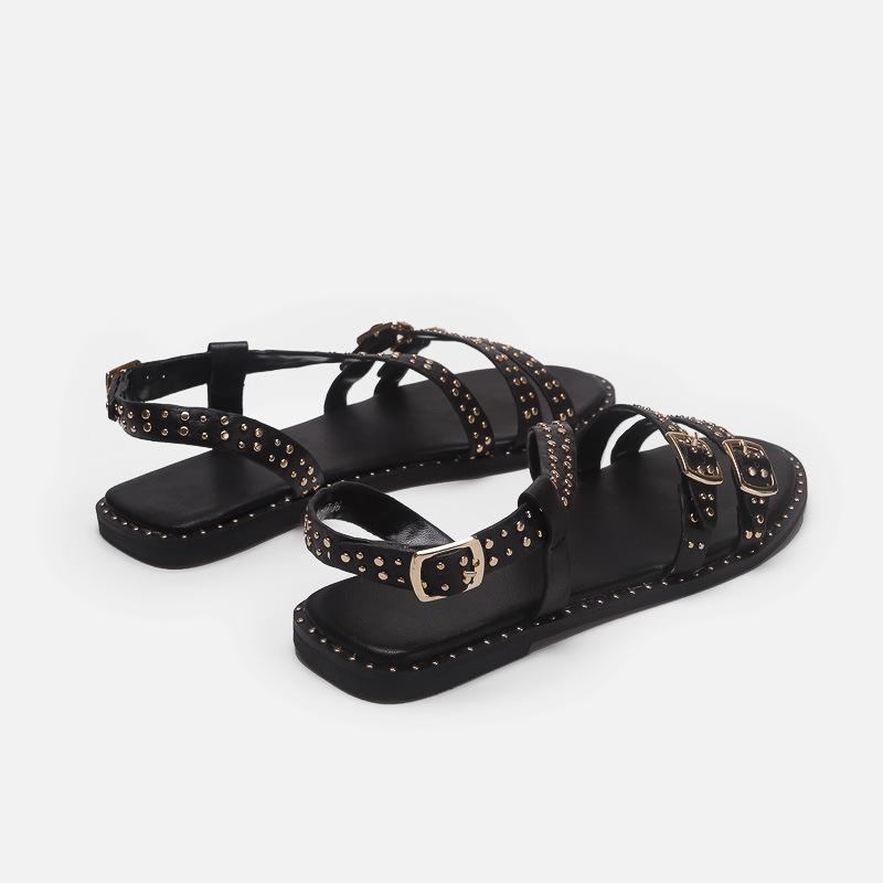 Fashion Ins style Fashion Rivet Strap Buckle Women Flats Sandals 2025 Summer Narrow band Slingbacks Beach Gladiator Sandals Casual Shoes