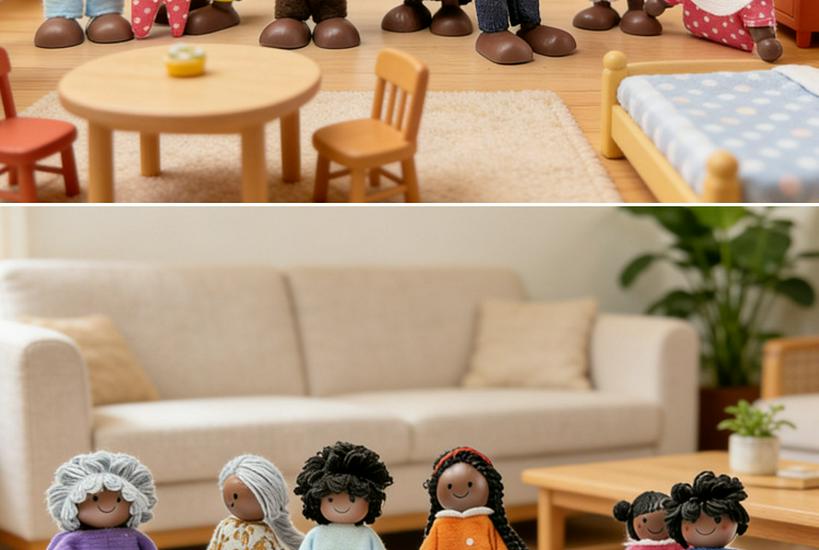 Realistic African American Family of 8: Movable Joint Wooden Dolls for Children's Pretend Play