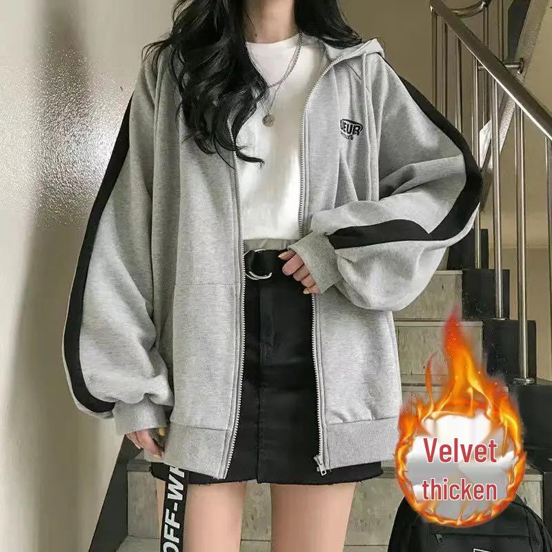 

Женское тонкое худи на молнии свободного кроя - на флисовой подкладке, с длинным рукавом, кардиган с капюшоном для весны и осени. M