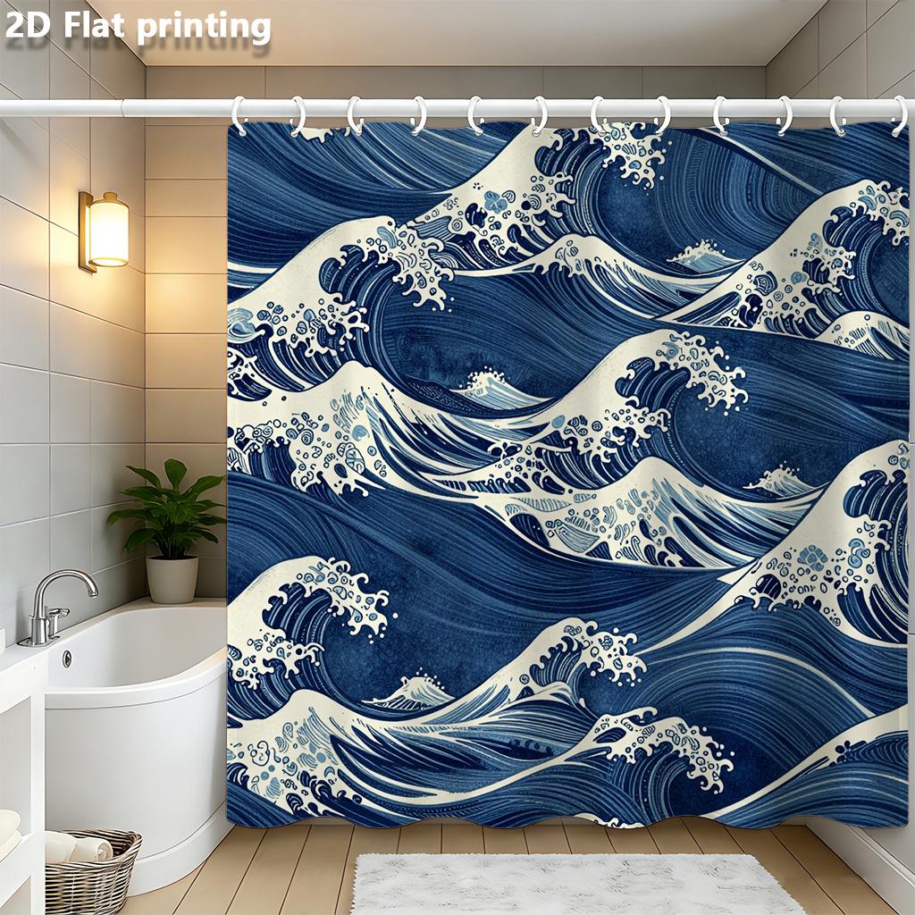 

Blue Wave Shower Curtain 1Pc Polyester 2D Flat Print 70.8X70.8 Japanese Style Ocean Waves On White Base W60H190(CM)-1 Pcs