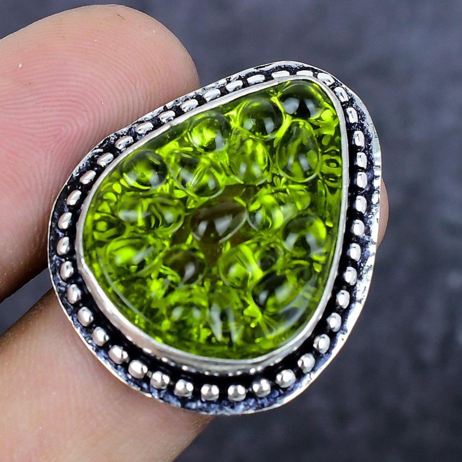 Moldavite Quartz Gemstone Handmade 925 Sterling Silver Ring Size 8.5 Z6p76