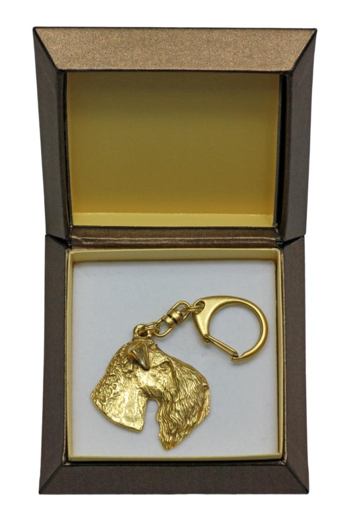 Kerry Blue Terrier, Irish Blue Terrier - Gilded key ring with dog in gift box, handbag decoration, luxury accessory by Art-Dog brand
