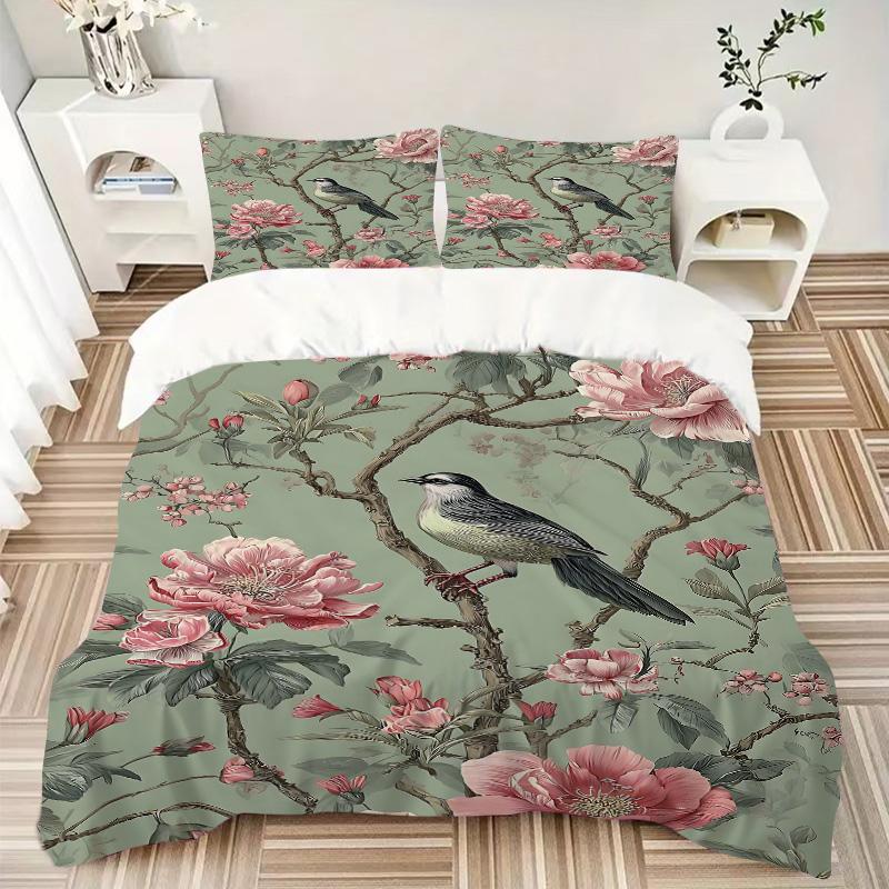 Bird Amidst Floral Branches Print 3Pcs Bedding Setduvet Cover With 2 Bedropillowcase Home Birthday Gift