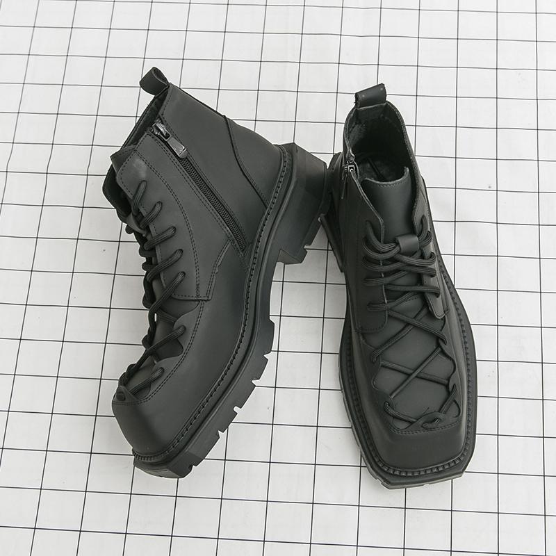 

Men High Top Boots with PU Straps Low Heel Square Toe Fashionable Casual Men Boots 45