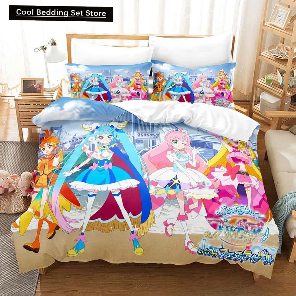 3D Kawaii Anime Hirogaru Sky! Pretty Cure Bettwäsche-Set, Einzelbett, Doppelbett, Queen-Size-Bett, King-Size-Bett, Erwachsenen- und Kinderschlafzimmer, Bettbezug-Sets
