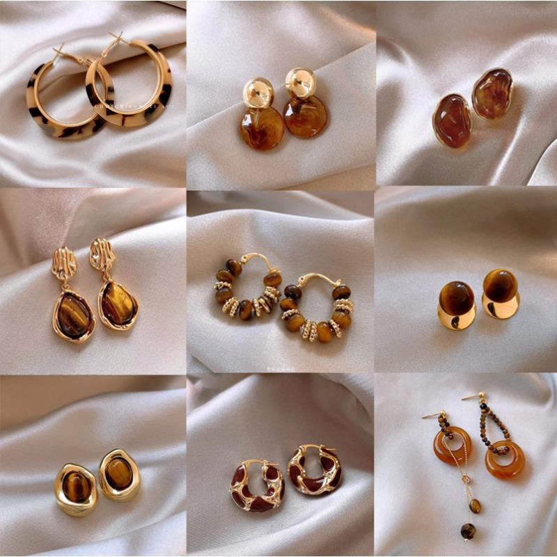 Silver Needle Resin Tiger's Eye Stone Round Leopard Pattern Earrings Retro Maillard Earrings Niche High-end Earrings