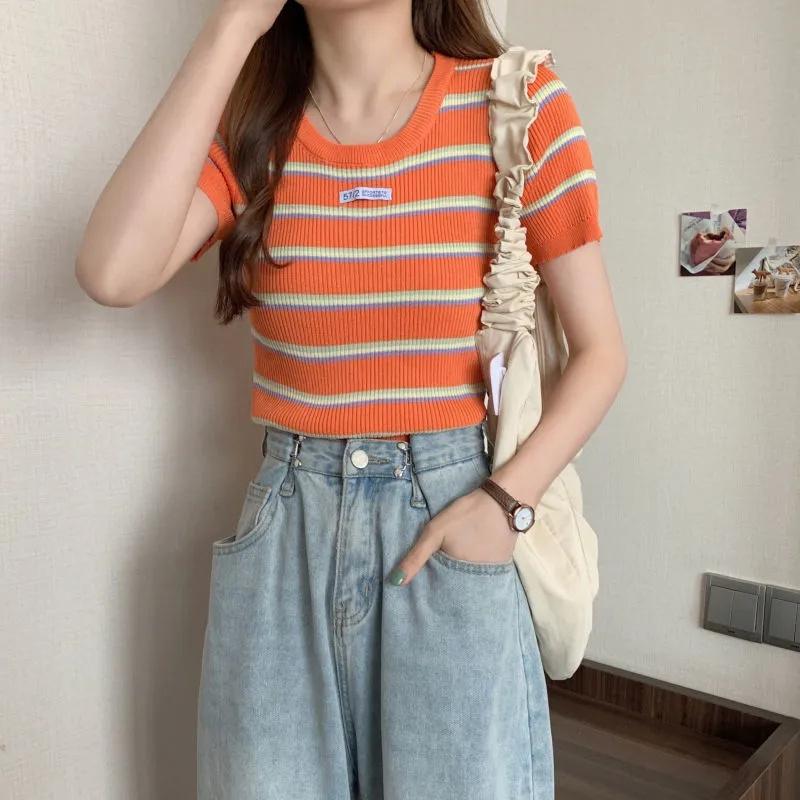 

Новое летнее поступление, лоскутный свитер с короткими рукавами и круглым вырезом, женский свежий милый свободный вязаный пуловер, топы Modis L