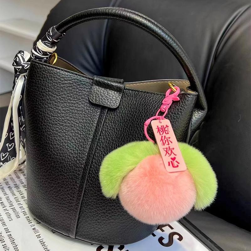 Cute Peach Rex Rabbit Fur Keychain Plush Ball Women Bag Ornaments Car Keyring Pendant Metal Trinkets Toy Girl Birthday Gift