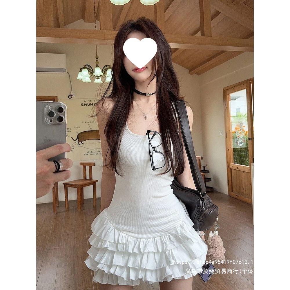 White Spice Girl Dress Female Summer Slim Cake Dress Waist Temperament Vest Suspender Short Skirt Splicing Skirt