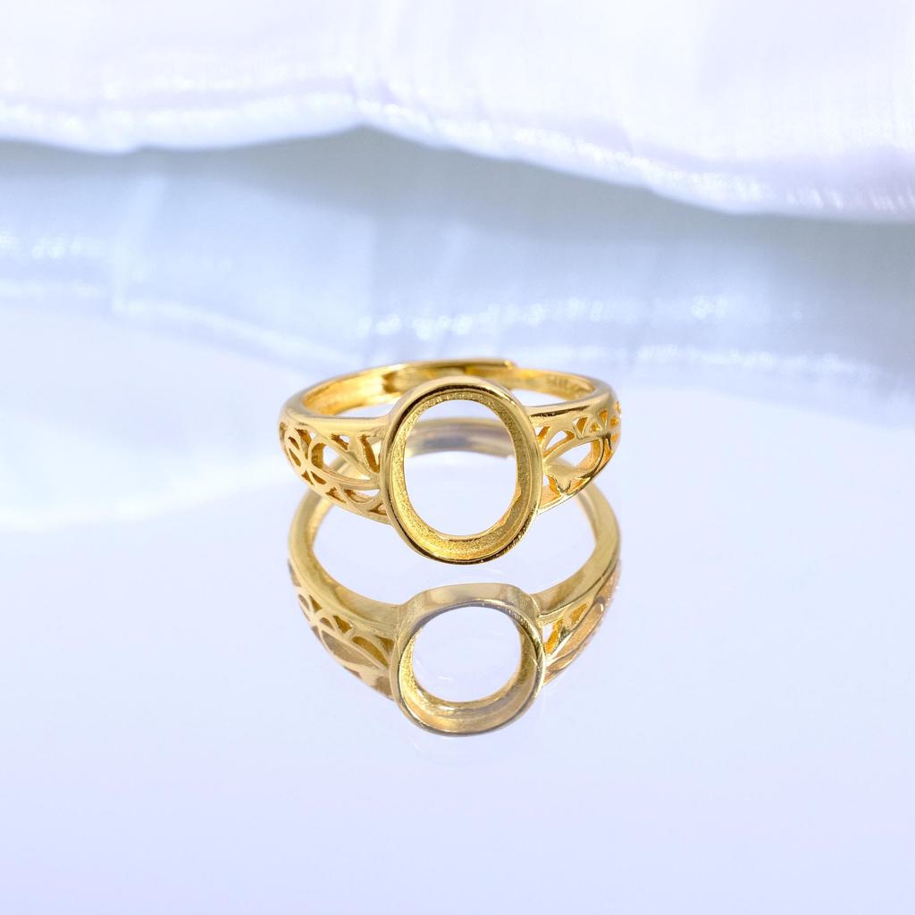 Gold-Plated S925 Sterling Silver Oval Open Ring with Filigree Design and Pave Setting