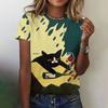 Cute cat 3D printed women's loose round neck short sleeved T-shirt