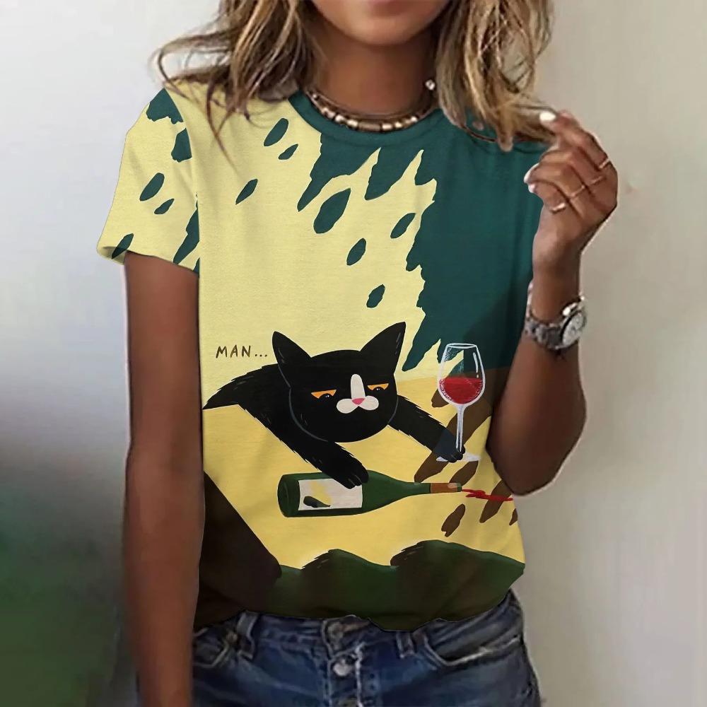 Cute cat 3D printed women's loose round neck short sleeved T-shirt
