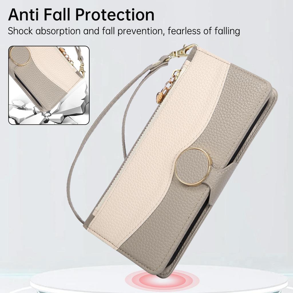 For Samsung Galaxy S25 FE Case Zipper Wallet Color Splicing TPU PU Leather Flip Phone Cover with Strap