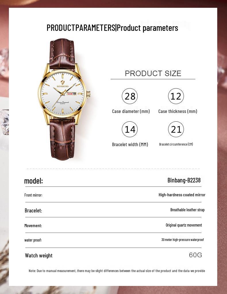 BINBOND Waterproof Couple Watches with Double Calendar - Women's Model