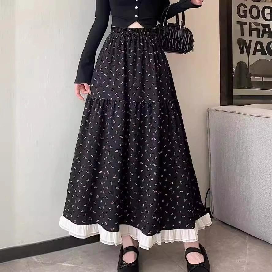 Falda larga con estampado floral blanco para mujer, ropa Y2k, moda, cintura alta elástica, informal, elegante, faldas de gasa empalmadas para mujer 2024