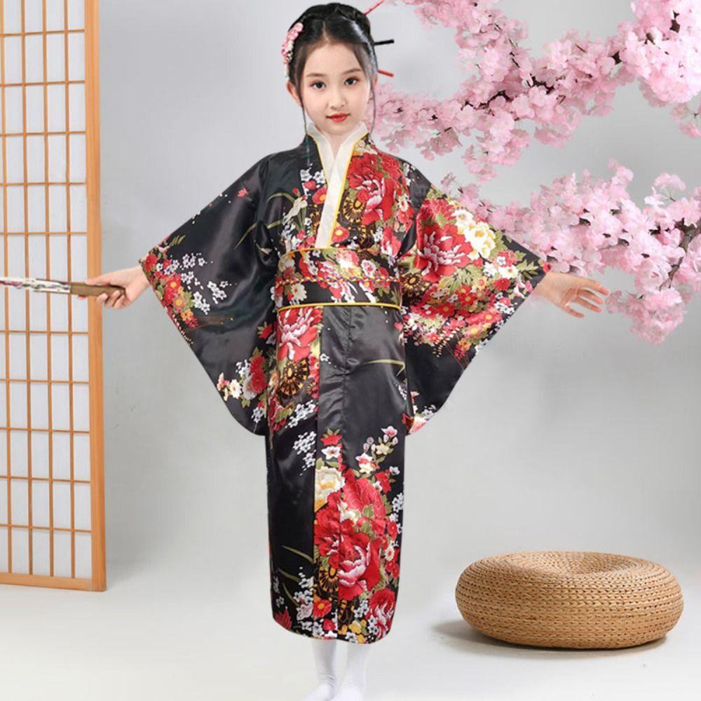 Printed Floral Kids Sakura Girl  Kimono Dress Kids Japanese Style Yukata Bathrobe  Fireworks