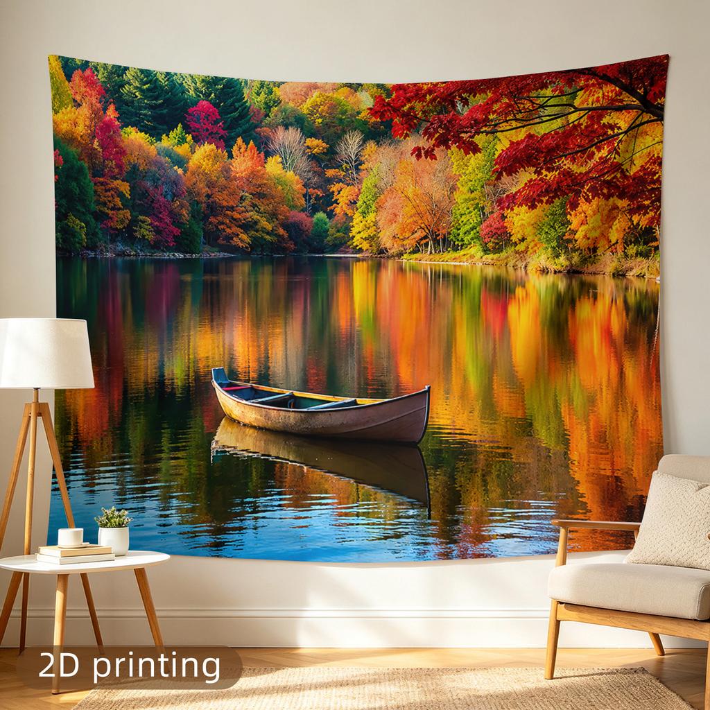 2D Flat - 1pc 2D Printed Tapestry, Large/Small Size, Autumn Canoe on Calm Lake, Aesthetic Wall Decor, Home Decor, Non-Luminous, Suitable for Living Ro