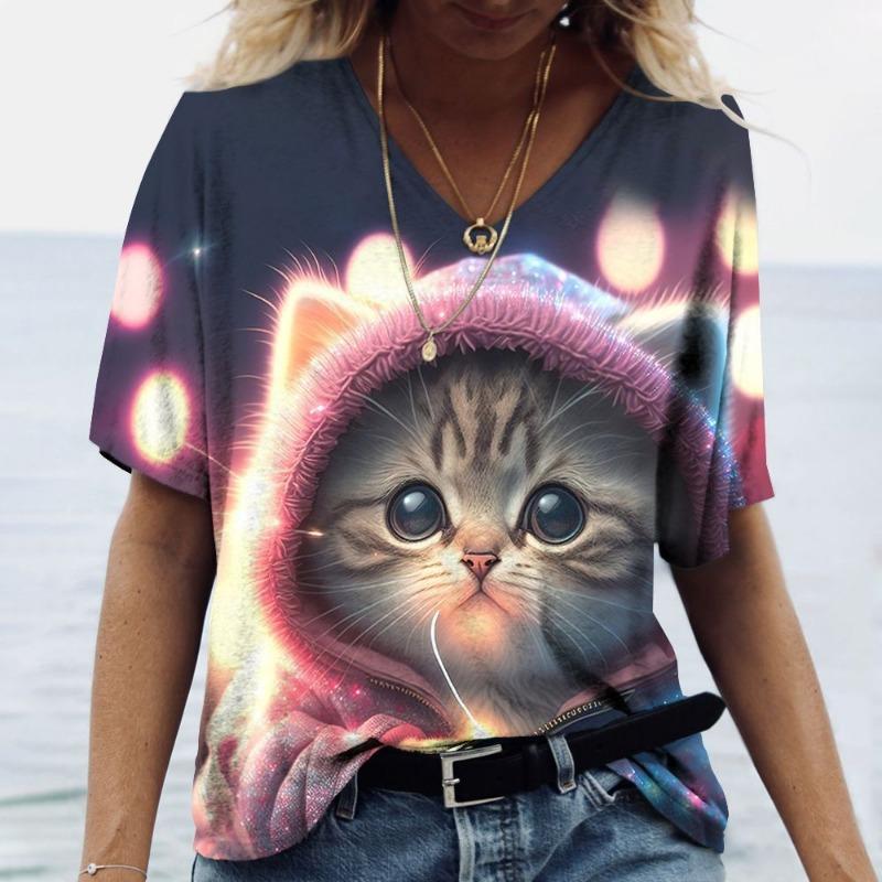 Plus Size 7XL Summer Women's T-shirt Retro 3D Printed Cat Pattern V-neck Top Short Sleeved Loose T-Shirts Women’s