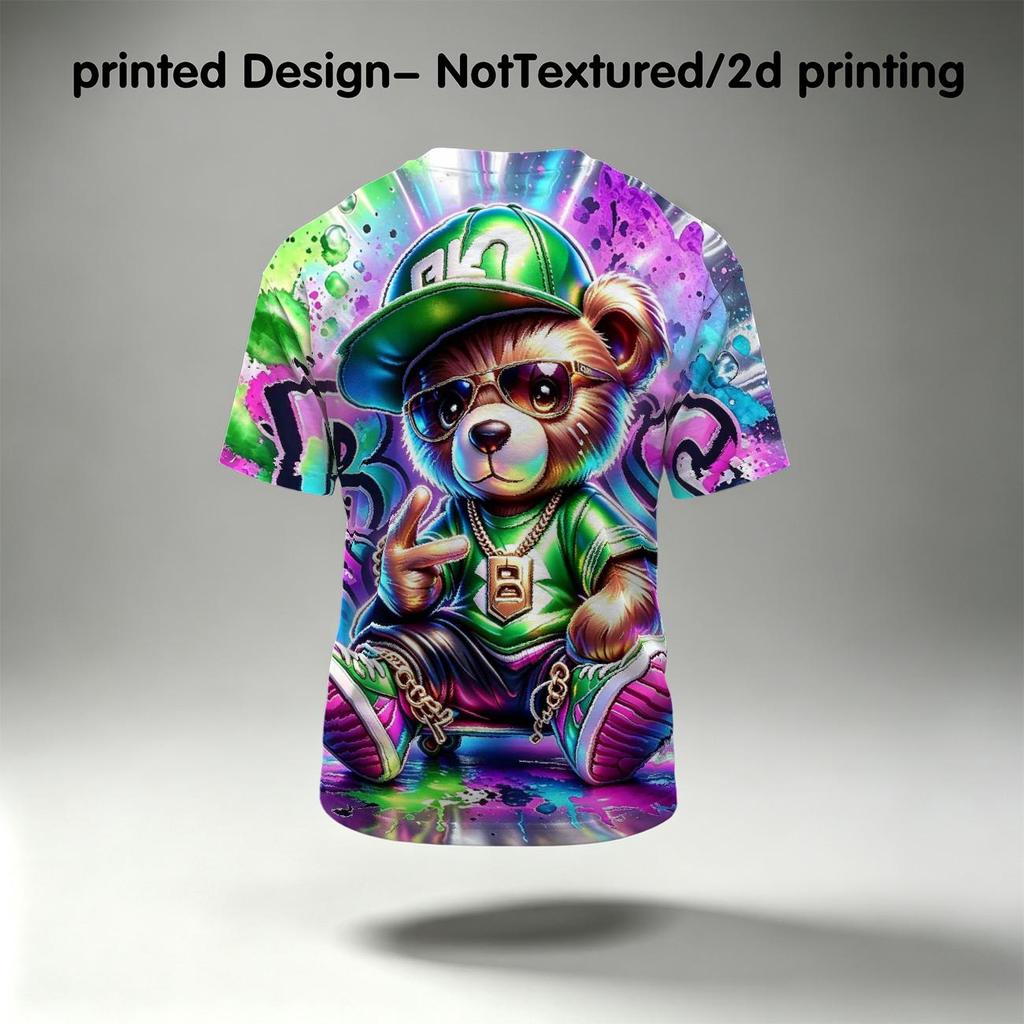 Men’s Full‑Print Hip‑Hop Teddy Bear Crew Neck T‑Shirt, Colorful Graffiti Splash Art Street Style Casual Short Sleeve Tee