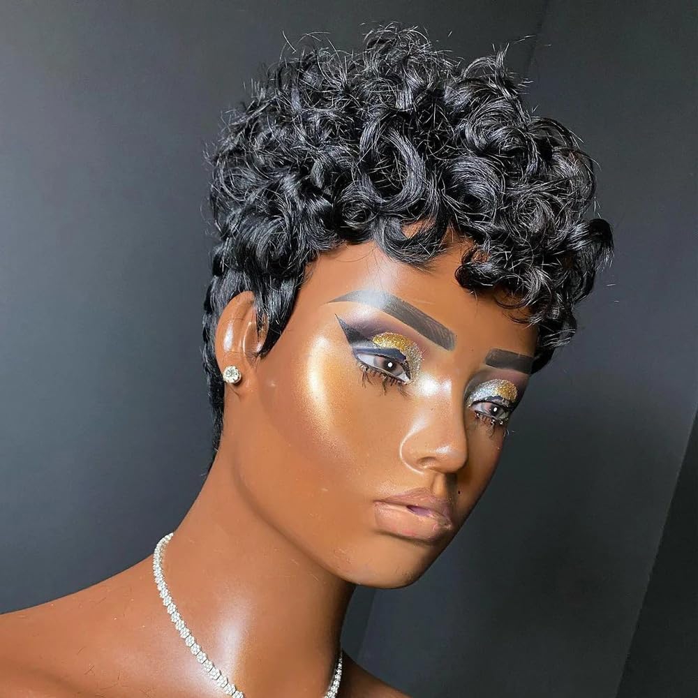 hort Pixie Wigs for Black Women Short Black Curly Pixie Wigs Synthetic Hair Wigs for Black Women Natural Wavy Black