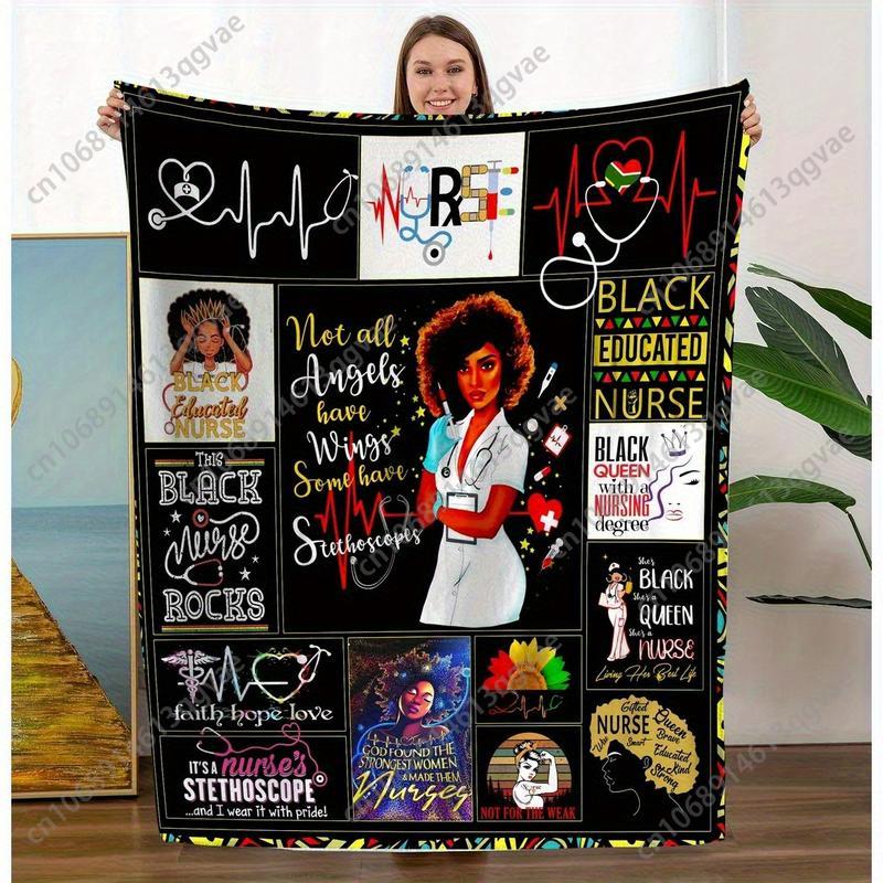 

Nurse Life Theme Machine Reversible Nurse Theme Blanket Black Educated Washable Polyester Knit Vibrant Digit 75cmx90cm