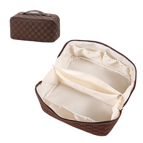 Travel Cosmetic Bag Waterproof Large Capacity Checkered Makeup Bag Open Flat Toiletry Bag for Women Skincare Brushes