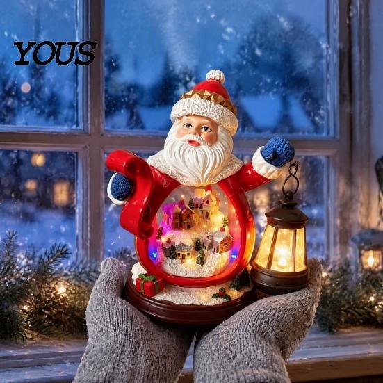 Santa Claus Resin Statue Christmas Figurine with LED Light, Glowing Statue, Snow Landscape Desktop Decoration for Party Favors
