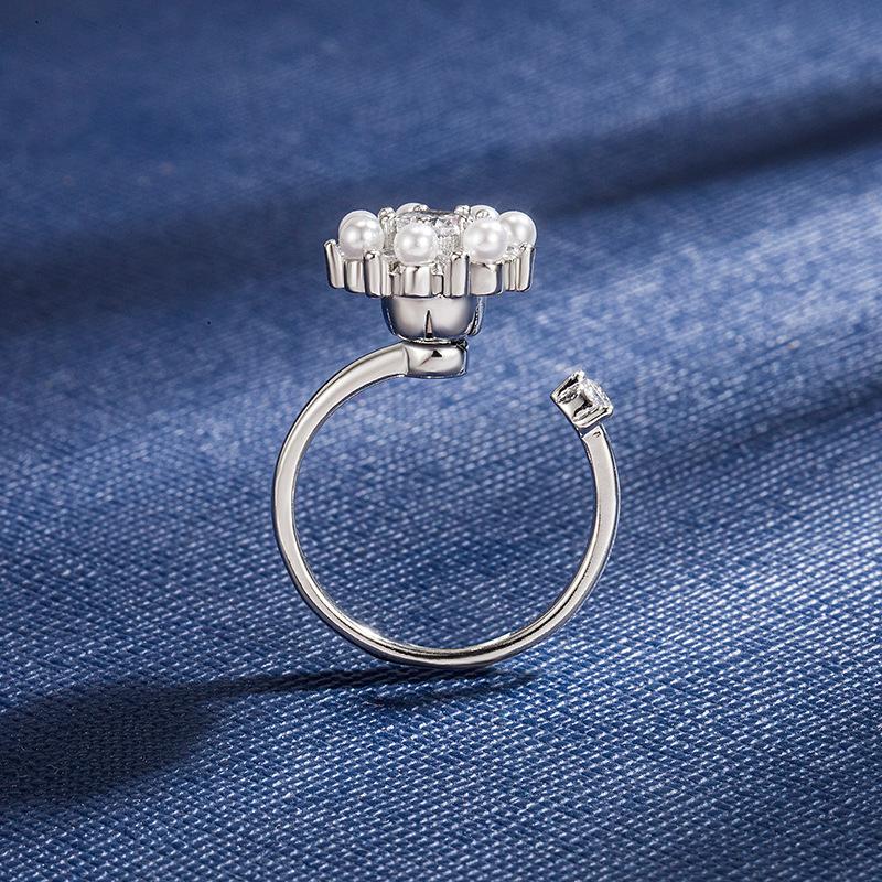Korean Version Diamond Pearl Inlaid Zircon Flower Open Ring Adjustable Electroplated Copper Mesh Rotating Ring Women's Jewelry