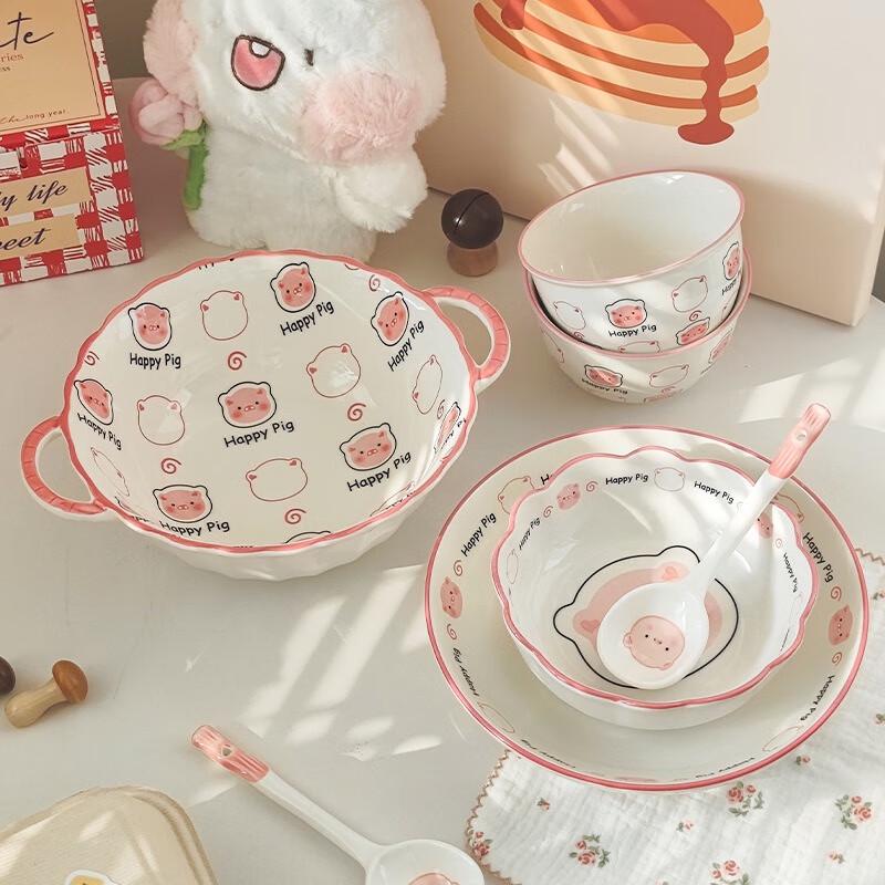 Fumai De Cute Pig 7-Piece Ceramic Rice Bowl Set