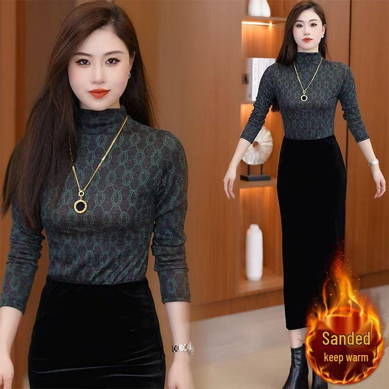 Autumn/Winter Floral Print Long Sleeve Slimming Elegant High Collar Top for Women