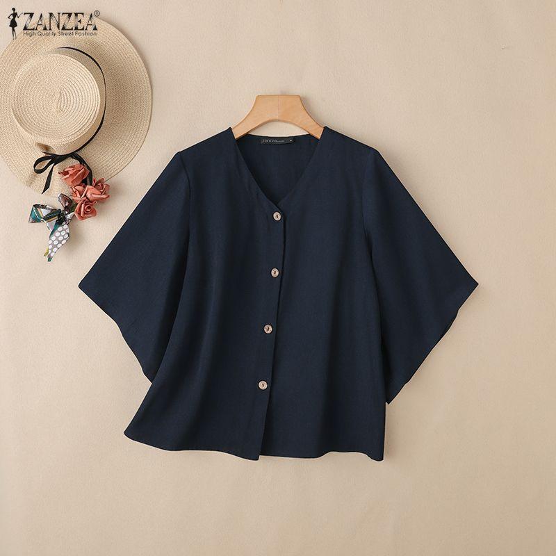 ZANZEA Women Casual Round Neck Half Sleeve Loose Cardigan Blouse
