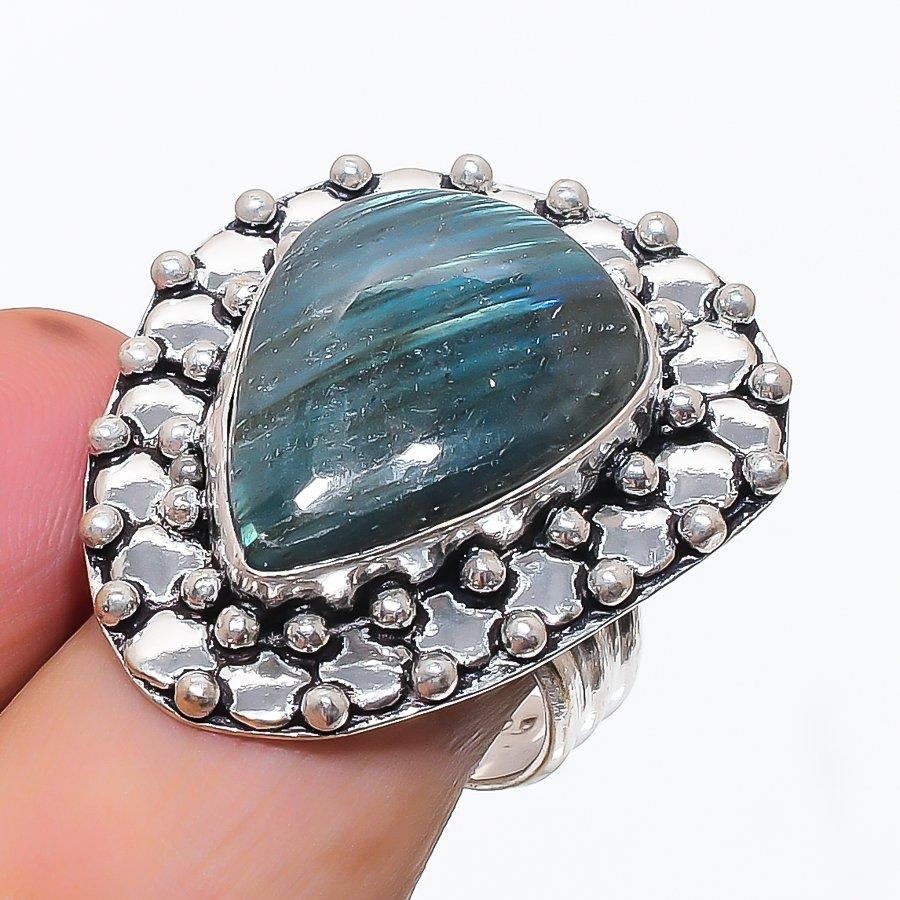 Natural Labradorite Gemstone 925 Sterling Silver Jewelry Ring Size 9 o8o51