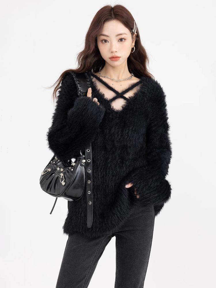 

Зимний свитер с v-образным вырезом для женщин, нежные бретели, свободный сладкий пуловер в ленивом стиле, трикотаж, нерегулярный японский стиль, модный вязаный топ XL чёрный