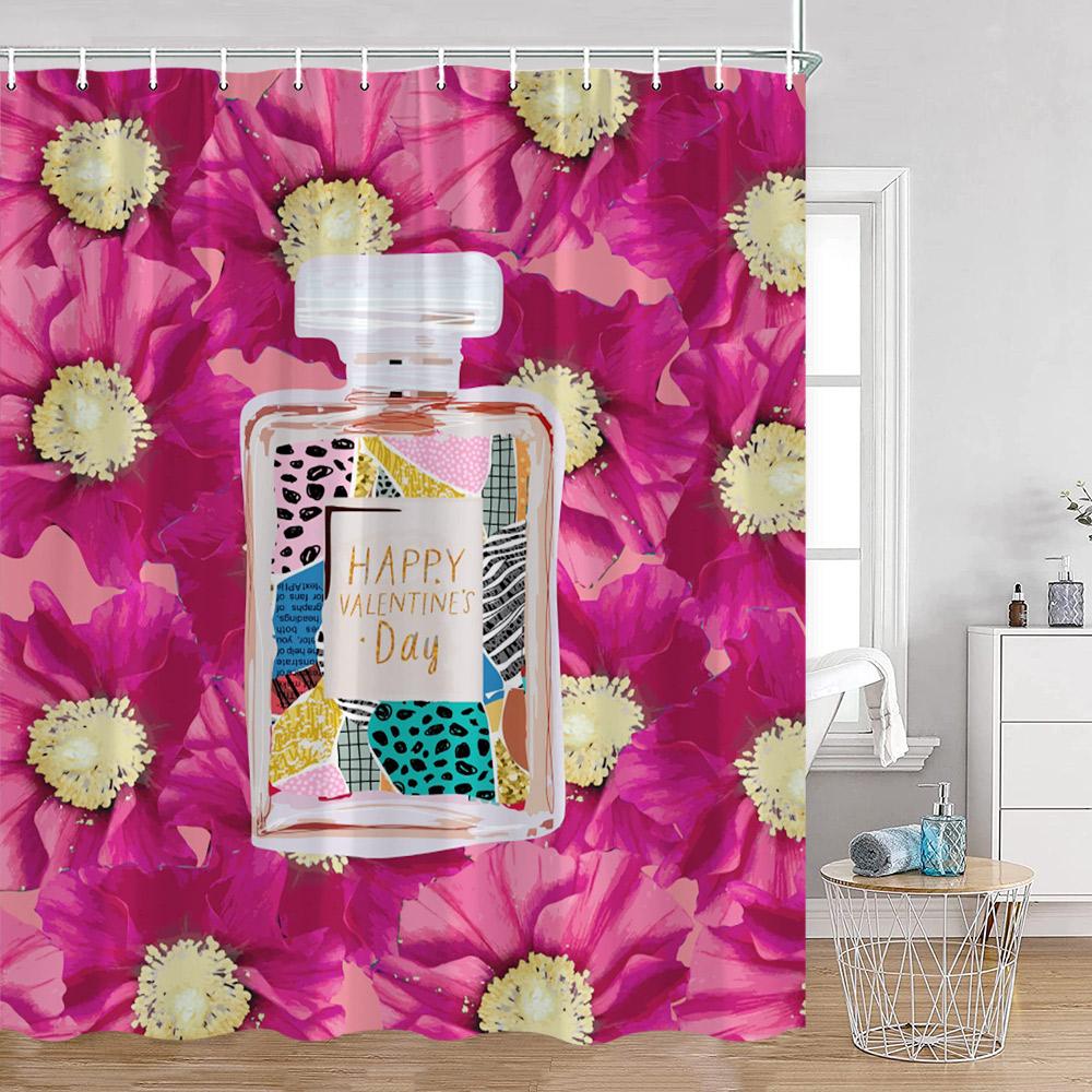 Pink Perfume Shower Curtains Cosmetic Lipsticks Red Lips Flower Panther Pattern Bathroom Decorations Polyester Bath Curtain