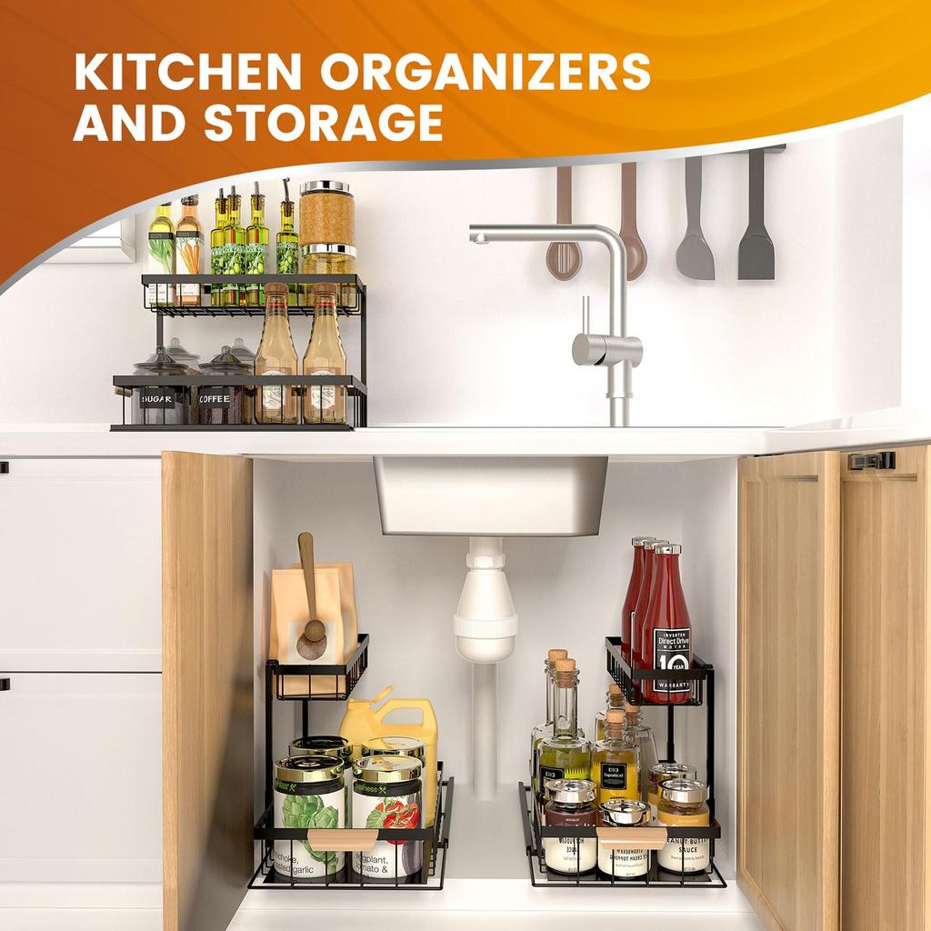 Under Sink Organizers and Storage,Pull Out Kitchen Cabinet Organizer with Sliding Drawer, Multi-Purpose Bathroom Shelf Organizer
