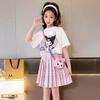 Girls' Summer Preppy Short Sleeve Top & Pleated Skirt Set