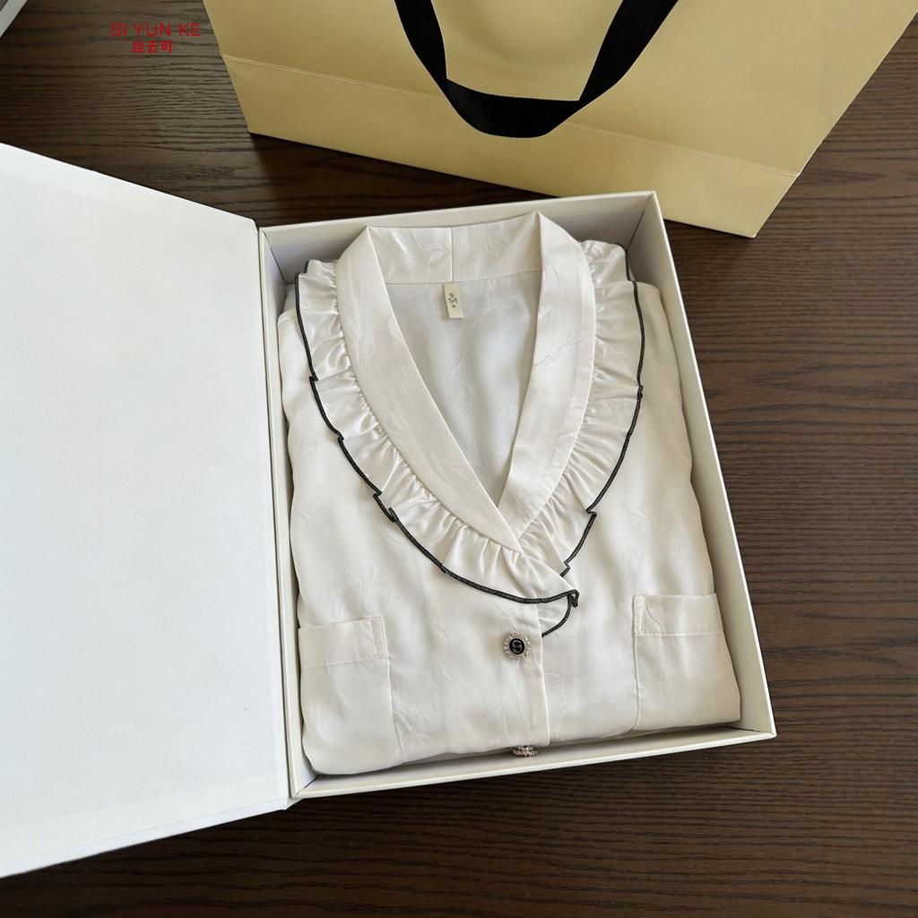 French jacquard ice silk high-end light luxury pajamas women's spring and autumn long-sleeved trousers set lapel lace loungewear