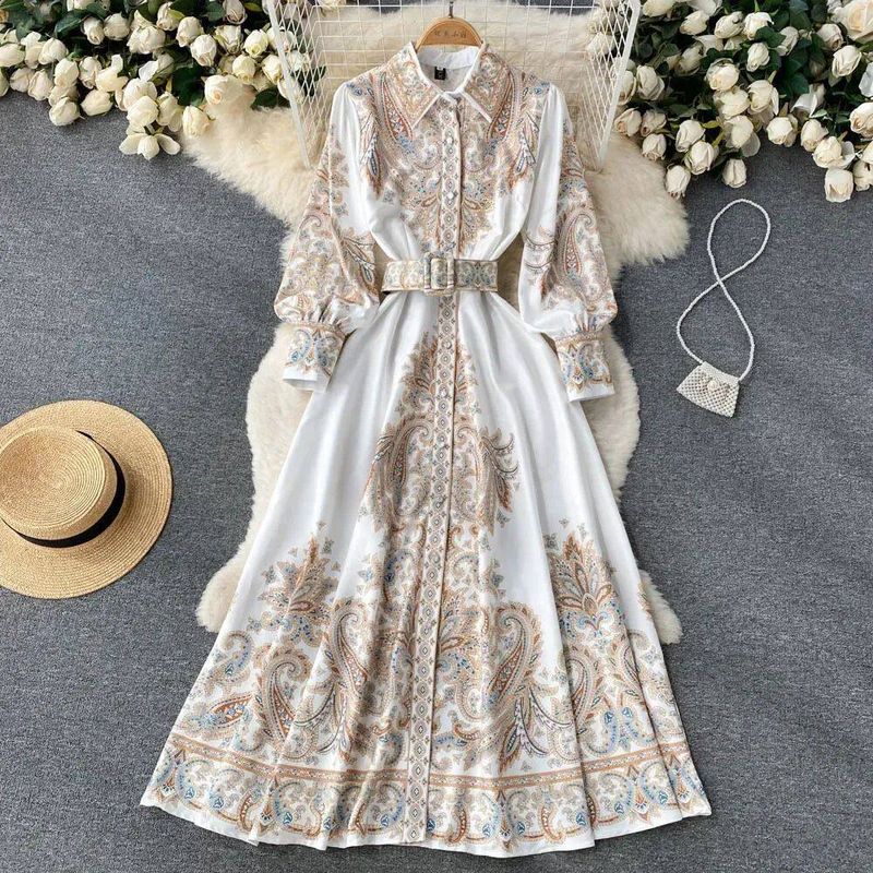 

Fd2098 Amazon 2025 European and American New Fashion Retro Print Elegant High-End French-Style Waist-Cinching Dress Apricot color S