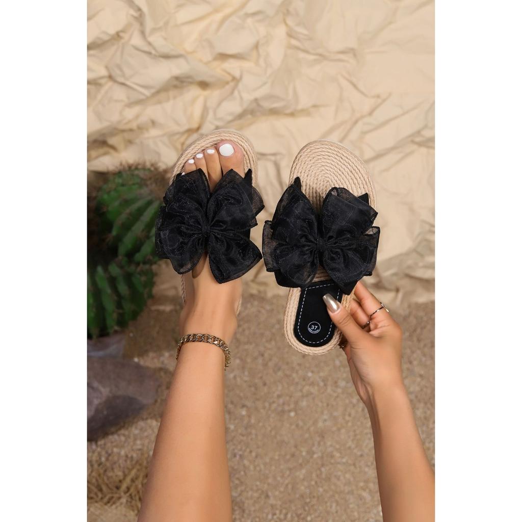 Women's Straw Wearable and Durable Flat Slippers - Bow Flower Flip Flops Sandals Women's Summer Outdoor Home Casual Shoes