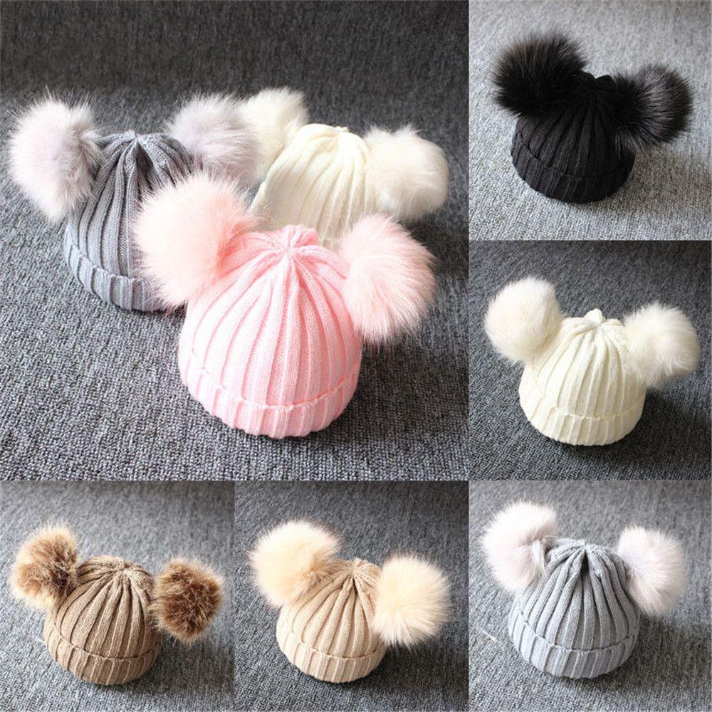 Winter Cute Windproof Bobble Hat Warm Baby Beanie Cap Kids Knitted Hat