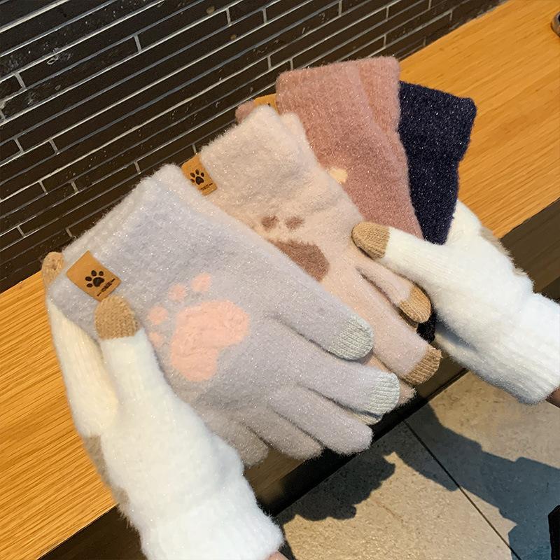 Gloves for Women In Winter, Thickened and Warm, Touch-screen Knitted, Cute, Plush, Wool, Cycling, Cold-proof, Split-fingered Students, Winter
